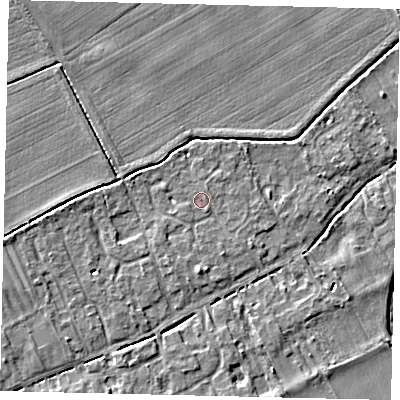 Shaded relief map of the ground around PE69PP, computed from Environment Agency LiDAR. The ground here sits at about 6 m above sea level and falls 4 m across the surrounding 800 m. Surface water reaching this point runs off ground lying to the south, 1.5 m higher.