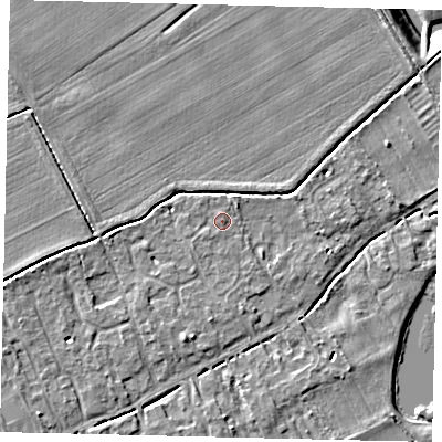 Shaded relief map of the ground around PE69PR, computed from Environment Agency LiDAR. The ground here sits at about 7 m above sea level and falls 8 m across the surrounding 800 m. Surface water reaching this point runs off ground lying to the south-west, 0.8 m higher.