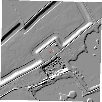 Shaded relief map of the ground around PE69PT, computed from Environment Agency LiDAR. The ground here sits at about 5 m above sea level and falls 13 m across the surrounding 800 m. The ground contributing surface water to this point lies to the east-north-east.