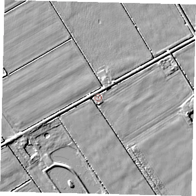 Shaded relief map of the ground around PE69PU, computed from Environment Agency LiDAR. The ground here sits at about 1 m above sea level and falls 4 m across the surrounding 800 m. Surface water reaching this point runs off ground lying to the south-east, 0.8 m higher.
