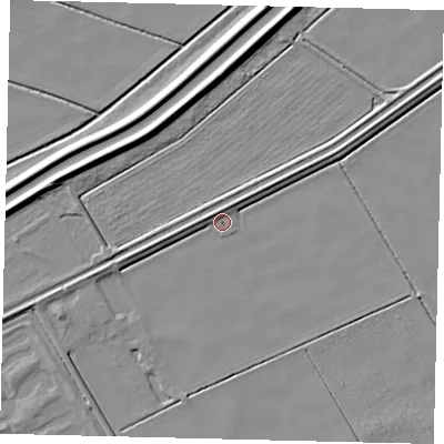 Shaded relief map of the ground around PE69PX, computed from Environment Agency LiDAR. The ground here sits at about 1 m above sea level and falls 7 m across the surrounding 800 m. Surface water reaching this point runs off ground lying to the west-north-west, 3.6 m higher.