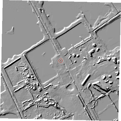 Shaded relief map of the ground around PE69QA, computed from Environment Agency LiDAR. The ground here sits at about 3 m above sea level and falls 8 m across the surrounding 800 m. Surface water reaching this point runs off ground lying to the south-east, 5.4 m higher.
