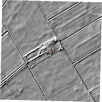 Shaded relief map of the ground around PE69QD, computed from Environment Agency LiDAR. The ground here sits at about 2 m above sea level and falls 3 m across the surrounding 800 m. Surface water reaching this point runs off ground lying to the west-north-west, 0.9 m higher.