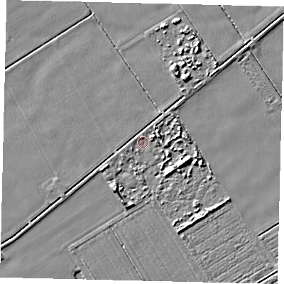 Shaded relief map of the ground around PE69QE, computed from Environment Agency LiDAR. The ground here sits at about 3 m above sea level and falls 6 m across the surrounding 800 m. Surface water reaching this point runs off ground lying to the east-north-east, 1.7 m higher.