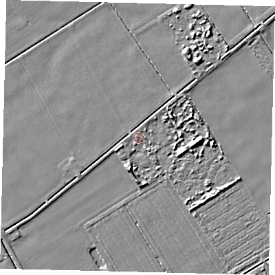 Shaded relief map of the ground around PE69QF, computed from Environment Agency LiDAR. The ground here sits at about 3 m above sea level and falls 6 m across the surrounding 800 m. Surface water reaching this point runs off ground lying to the south-south-west, 3.6 m higher.