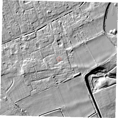 Shaded relief map of the ground around PE69QH, computed from Environment Agency LiDAR. The ground here sits at about 7 m above sea level and falls 11 m across the surrounding 800 m. Surface water reaching this point runs off ground lying to the south-south-west, 1.2 m higher.