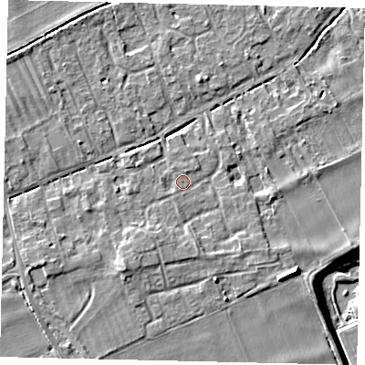 Shaded relief map of the ground around PE69QJ, computed from Environment Agency LiDAR. The ground here sits at about 7 m above sea level and falls 10 m across the surrounding 800 m. Surface water reaching this point runs off ground lying to the south, 0.6 m higher.