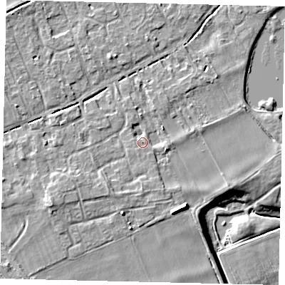 Shaded relief map of the ground around PE69RN, computed from Environment Agency LiDAR. The ground here sits at about 7 m above sea level and falls 11 m across the surrounding 800 m. Surface water reaching this point runs off ground lying to the east-south-east, 1.3 m higher.