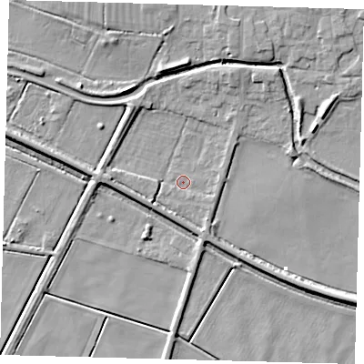 Shaded relief map of the ground around PE71DN, computed from Environment Agency LiDAR. The ground here sits at about 1 m above sea level and falls 9 m across the surrounding 800 m. Surface water reaching this point runs off ground lying to the south-south-east, 3.0 m higher.
