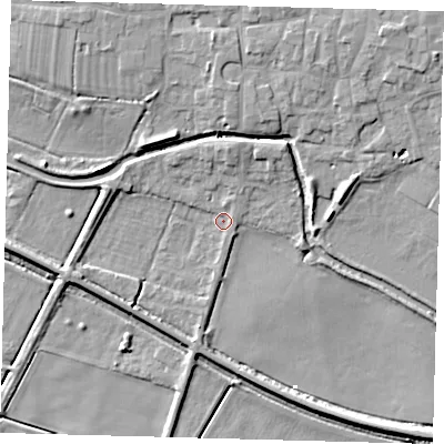 Shaded relief map of the ground around PE71DR, computed from Environment Agency LiDAR. The ground here sits at about 2 m above sea level and falls 10 m across the surrounding 800 m. Surface water reaching this point runs off ground lying to the north, 5.4 m higher.