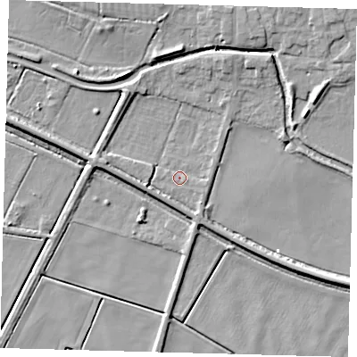 Shaded relief map of the ground around PE71DS, computed from Environment Agency LiDAR. The ground here sits at about 1 m above sea level and falls 9 m across the surrounding 800 m. Surface water reaching this point runs off ground lying to the south-south-east, 3.0 m higher.