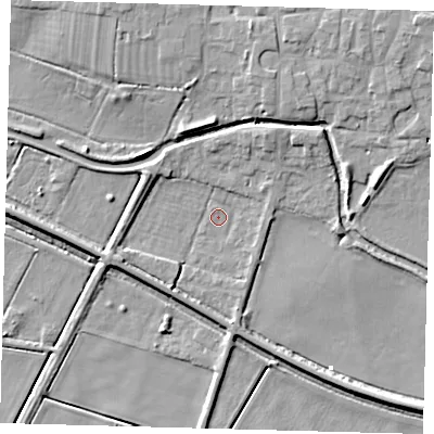 Shaded relief map of the ground around PE71DW, computed from Environment Agency LiDAR. The ground here sits at about 1 m above sea level and falls 10 m across the surrounding 800 m. Surface water reaching this point runs off ground lying to the west-south-west, 2.6 m higher.