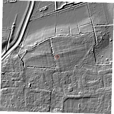 Shaded relief map of the ground around PE71FQ, computed from Environment Agency LiDAR. The ground here sits at about 6 m above sea level and falls 6 m across the surrounding 800 m. Surface water reaching this point runs off ground lying to the south, 1.3 m higher.