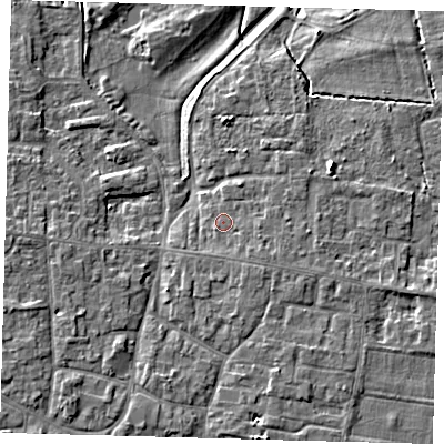 Shaded relief map of the ground around PE71FW, computed from Environment Agency LiDAR. The ground here sits at about 6 m above sea level and falls 7 m across the surrounding 800 m. Surface water reaching this point runs off ground lying to the east-south-east, 1.7 m higher.