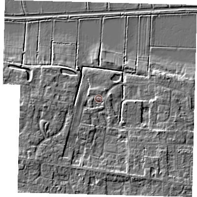 Shaded relief map of the ground around PE71FX, computed from Environment Agency LiDAR. The ground here sits at about 5 m above sea level and falls 6 m across the surrounding 800 m. Surface water reaching this point runs off ground lying to the south-west, 1.7 m higher.