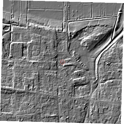 Shaded relief map of the ground around PE71GL, computed from Environment Agency LiDAR. The ground here sits at about 5 m above sea level and falls 6 m across the surrounding 800 m. Surface water reaching this point runs off ground lying to the south-south-west, 3.3 m higher.