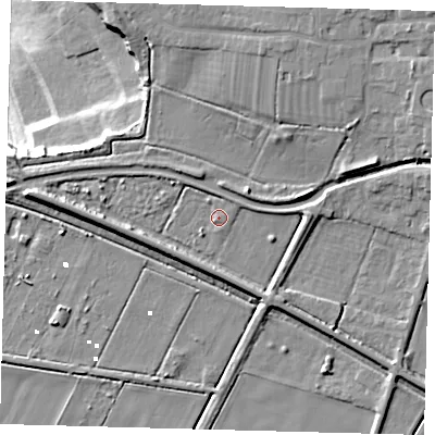Shaded relief map of the ground around PE71GR, computed from Environment Agency LiDAR. The ground here sits at about 1 m above sea level and falls 25 m across the surrounding 800 m. Surface water reaching this point runs off ground lying to the west-south-west, 4.8 m higher.