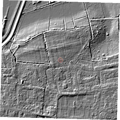 Shaded relief map of the ground around PE71GY, computed from Environment Agency LiDAR. The ground here sits at about 6 m above sea level and falls 6 m across the surrounding 800 m. Surface water reaching this point runs off ground lying to the west-south-west, 0.8 m higher.