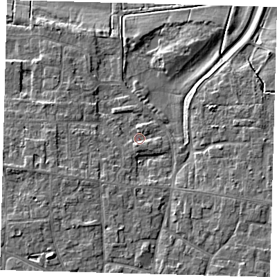 Shaded relief map of the ground around PE71LG, computed from Environment Agency LiDAR. The ground here sits at about 4 m above sea level and falls 8 m across the surrounding 800 m. Surface water reaching this point runs off ground lying to the south-south-west, 1.8 m higher.