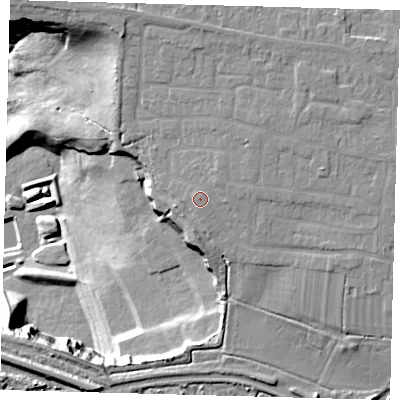 Shaded relief map of the ground around PE71LQ, computed from Environment Agency LiDAR. The ground here sits at about 6 m above sea level and falls 33 m across the surrounding 800 m. Surface water reaching this point runs off ground lying to the east-north-east, 1.0 m higher.