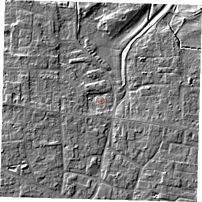 Shaded relief map of the ground around PE71LW, computed from Environment Agency LiDAR. The ground here sits at about 5 m above sea level and falls 8 m across the surrounding 800 m. Surface water reaching this point runs off ground lying to the south-south-east, 3.3 m higher.