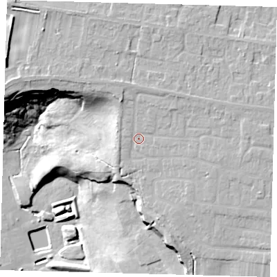 Shaded relief map of the ground around PE71NL, computed from Environment Agency LiDAR. The ground here sits at about 5 m above sea level and falls 36 m across the surrounding 800 m. Surface water reaching this point runs off ground lying to the north-east, 2.9 m higher.
