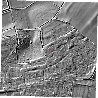 Shaded relief map of the ground around PE71NT, computed from Environment Agency LiDAR. The ground here sits at about 6 m above sea level and falls 5 m across the surrounding 800 m. The ground contributing surface water to this point lies to the north-north-east.