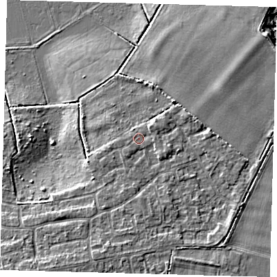 Shaded relief map of the ground around PE71NU, computed from Environment Agency LiDAR. The ground here sits at about 6 m above sea level and falls 5 m across the surrounding 800 m. Surface water reaching this point runs off ground lying to the south, 1.0 m higher.