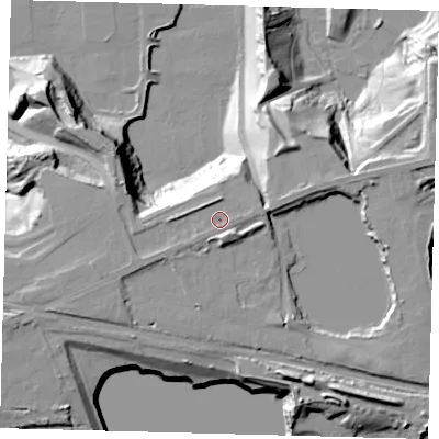 Shaded relief map of the ground around PE71PJ, computed from Environment Agency LiDAR. The ground here sits at about 7 m above sea level and falls 27 m across the surrounding 800 m. Surface water reaching this point runs off ground lying to the east, 0.9 m higher.