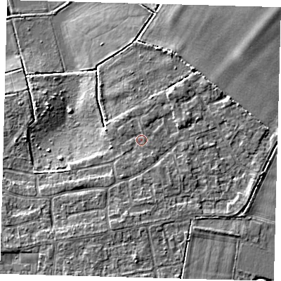 Shaded relief map of the ground around PE71PW, computed from Environment Agency LiDAR. The ground here sits at about 6 m above sea level and falls 5 m across the surrounding 800 m. Surface water reaching this point runs off ground lying to the north, 0.6 m higher.