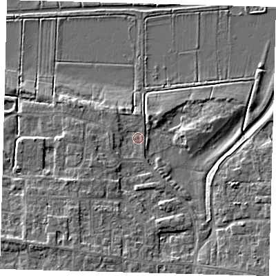 Shaded relief map of the ground around PE71RD, computed from Environment Agency LiDAR. The ground here sits at about 4 m above sea level and falls 6 m across the surrounding 800 m. Surface water reaching this point runs off ground lying to the south-south-west, 3.6 m higher.