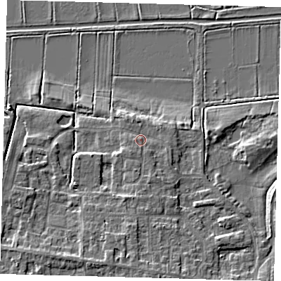 Shaded relief map of the ground around PE71RF, computed from Environment Agency LiDAR. The ground here sits at about 5 m above sea level and falls 6 m across the surrounding 800 m. Surface water reaching this point runs off ground lying to the south, 1.7 m higher.