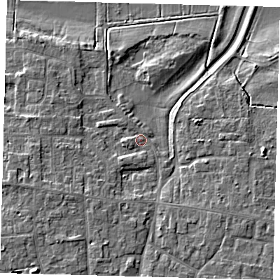 Shaded relief map of the ground around PE71RG, computed from Environment Agency LiDAR. The ground here sits at about 5 m above sea level and falls 8 m across the surrounding 800 m. Surface water reaching this point runs off ground lying to the west-south-west, 1.3 m higher.