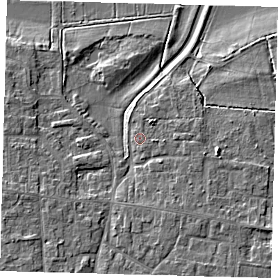 Shaded relief map of the ground around PE71RH, computed from Environment Agency LiDAR. The ground here sits at about 6 m above sea level and falls 6 m across the surrounding 800 m. Surface water reaching this point runs off ground lying to the north-east, 2.4 m higher.