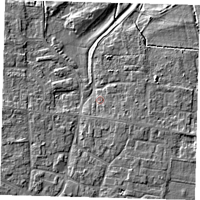 Shaded relief map of the ground around PE71TD, computed from Environment Agency LiDAR. The ground here sits at about 5 m above sea level and falls 6 m across the surrounding 800 m. Surface water reaching this point runs off ground lying to the east-south-east, 1.8 m higher.