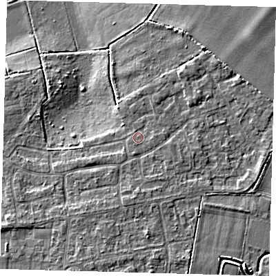 Shaded relief map of the ground around PE71UT, computed from Environment Agency LiDAR. The ground here sits at about 6 m above sea level and falls 6 m across the surrounding 800 m. Surface water reaching this point runs off ground lying to the south-south-east, 0.9 m higher.