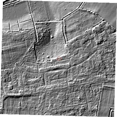 Shaded relief map of the ground around PE71XQ, computed from Environment Agency LiDAR. The ground here sits at about 5 m above sea level and falls 5 m across the surrounding 800 m. Surface water reaching this point runs off ground lying to the east-south-east, 1.3 m higher.