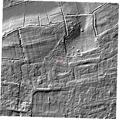 Shaded relief map of the ground around PE71YF, computed from Environment Agency LiDAR. The ground here sits at about 5 m above sea level and falls 6 m across the surrounding 800 m. Surface water reaching this point runs off ground lying to the south-west, 3.1 m higher.