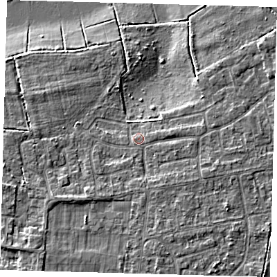 Shaded relief map of the ground around PE71YG, computed from Environment Agency LiDAR. The ground here sits at about 5 m above sea level and falls 6 m across the surrounding 800 m. Surface water reaching this point runs off ground lying to the south-west, 2.2 m higher.