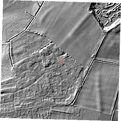 Shaded relief map of the ground around PE71YX, computed from Environment Agency LiDAR. The ground here sits at about 5 m above sea level and falls 5 m across the surrounding 800 m. Surface water reaching this point runs off ground lying to the south-south-east, 1.8 m higher.