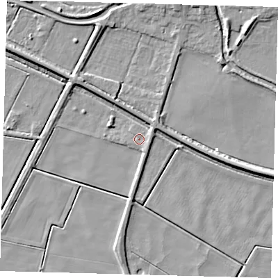 Shaded relief map of the ground around PE72AA, computed from Environment Agency LiDAR. The ground here sits at about 0 m above sea level and falls 8 m across the surrounding 800 m. Surface water reaching this point runs off ground lying to the north-east, 2.3 m higher.