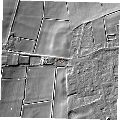 Shaded relief map of the ground around PE72AR, computed from Environment Agency LiDAR. The ground here sits at about 3 m above sea level and falls 10 m across the surrounding 800 m. Surface water reaching this point runs off ground lying to the east-south-east, 2.7 m higher.