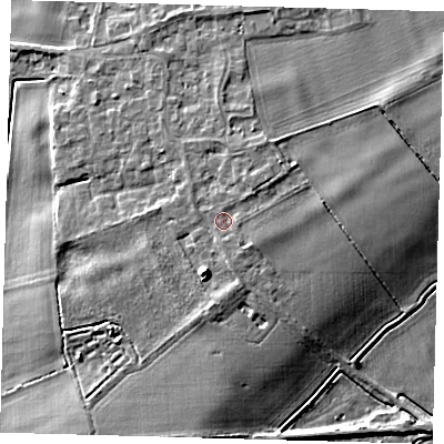 Shaded relief map of the ground around PE72AZ, computed from Environment Agency LiDAR. The ground here sits at about 6 m above sea level and falls 11 m across the surrounding 800 m. Surface water reaching this point runs off ground lying to the north-east, 0.8 m higher.