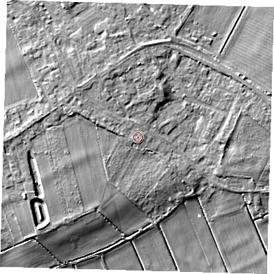 Shaded relief map of the ground around PE72BL, computed from Environment Agency LiDAR. The ground here sits at about 4 m above sea level and falls 9 m across the surrounding 800 m. Surface water reaching this point runs off ground lying to the west-north-west, 1.4 m higher.
