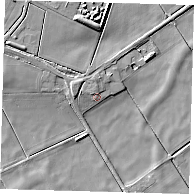 Shaded relief map of the ground around PE72DE, computed from Environment Agency LiDAR. The ground here sits at about 2 m above sea level and falls 10 m across the surrounding 800 m. Surface water reaching this point runs off ground lying to the north, 2.1 m higher.