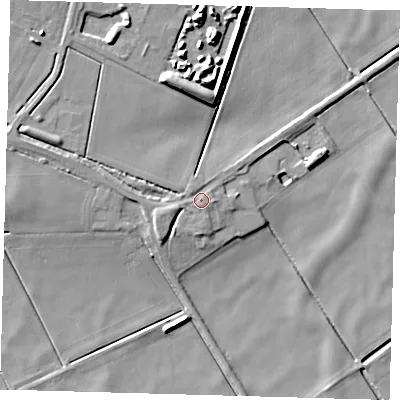 Shaded relief map of the ground around PE72DG, computed from Environment Agency LiDAR. The ground here sits at about 3 m above sea level and falls 10 m across the surrounding 800 m. Surface water reaching this point runs off ground lying to the west-north-west, 3.4 m higher.