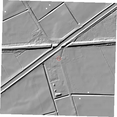 Shaded relief map of the ground around PE72DH, computed from Environment Agency LiDAR. The ground here sits at about 1 m above sea level and falls 8 m across the surrounding 800 m. Surface water reaching this point runs off ground lying to the north, 1.0 m higher.