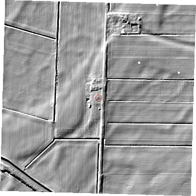 Shaded relief map of the ground around PE72DJ, computed from Environment Agency LiDAR. The ground here sits at about 1 m above sea level and falls 5 m across the surrounding 800 m. The ground contributing surface water to this point lies to the south-east.