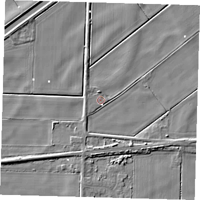 Shaded relief map of the ground around PE72DN, computed from Environment Agency LiDAR. The ground here sits at about 0 m above sea level and falls 5 m across the surrounding 800 m. Surface water reaching this point runs off ground lying to the north, 1.5 m higher.