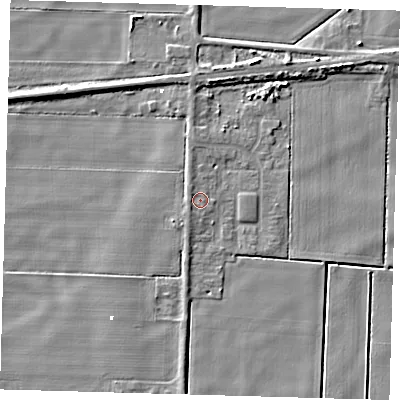Shaded relief map of the ground around PE72DP, computed from Environment Agency LiDAR. The ground here sits at about 0 m above sea level and falls 5 m across the surrounding 800 m. Surface water reaching this point runs off ground lying to the north-west, 1.0 m higher.